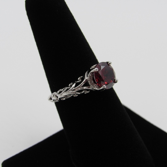 Sterling Silver Swirl Band Red CZ Diamond Ring - Picture 3 of 5